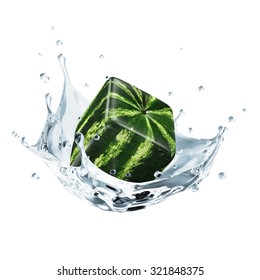 Cube Watermelon Falling into Water Splash isolated on white background