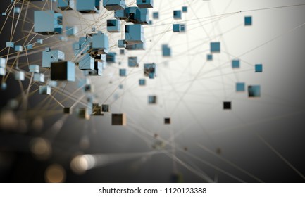 Cubes connected in dark space. Partner and networking design. Internet and data communication.Futuristic science and technology concept background.3d illustration