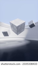Cubes in a round room, 3d rendering. Computer digital drawing.