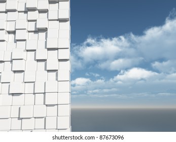 cubes wall in front of cloudy blue sky - 3d illustration
