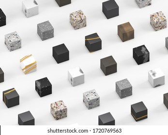 Cubic samples of finishing materials for interior design. Venetian terrazzo, wood, granite, and marble on white background. 3d render.