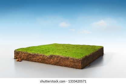 Cubical Soil Land Geology Cross Section With Green Grass, 3D Illustration Ground Ecology Isolated On Blue Sky