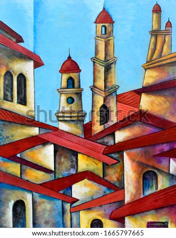 Cubist cityscape painting modern abstract design