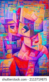 Cubist painting human face abstract. Calm acrylic paint with a pale tint.