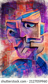 Cubist painting human face abstract. Calm acrylic paint with a pale tint.
