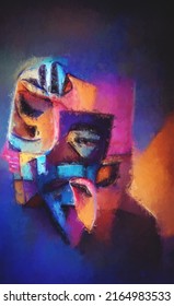 Cubist painting human face abstract. Calm acrylic paint with a pale tint.
