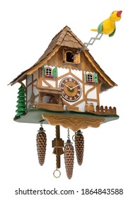 Cuckoo Clock With Yellow Bird Isolated On White Background - 3D Illustration