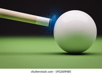 Cue Stick Hitting Cue Ball In A Break On A Pool Or Snooker Table, 3D Illustration