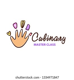 Culinary cooking master class logo. Freehand drawn badge design. Template gourmet chef insignia. Exclusive logotype with hand, kitchenware and heart.
