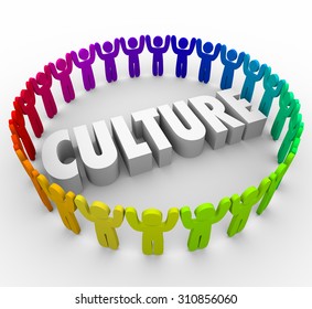 Culture 3d word surrounded by people sharing a common language, values, language and belief system as a company, organization, association, society or religion