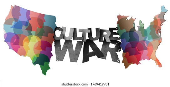 Culture War And Cultural Wars Concept Or USA Heritage And Divided American Politics As Different Philosophy As Cultures And Ideology In Conflict In The United States In A 3D Illustration Style.