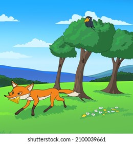 A Cunning Fox Runs With A Piece Of Cheese.
Illustration For Children's Book.