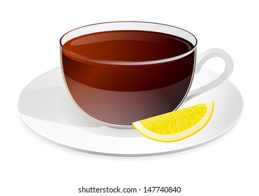 Cup of black tea with slice of lemon on a plate. Isolated illustration on white background. Vector in Portfolio  