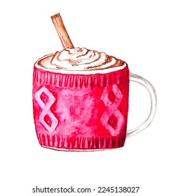 Cup with chocolate and cinnamon with knitted raspberry cover. Hand drawn watercolor illustration.