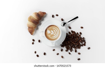 cup of coffee with coffee beans, milk froth, saucer, croissant and spoon isolated on a white background, 3d render - Powered by Shutterstock