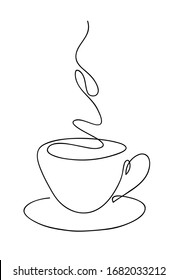 Cup Cup Of Coffee Continuous Line Art Hand Drawing. Coffee House Logo. Outline Style Drawn Sketch Illustration