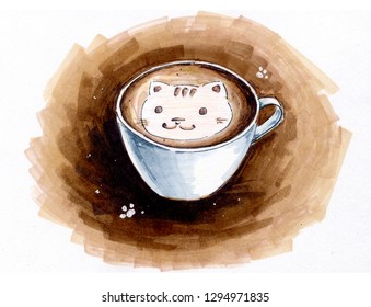 Cup Of Coffee. Latte Art Cat Sketch