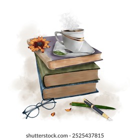 A cup of coffee on a stack of books. Digital watercolor illustration. Elegant glasses and a fountain pen isolated on a white background. Old, vintage books are in a stack, next to yellow autumn flower