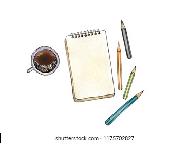 cup of coffee, sketchpad and pencils at white background, , watercolor artistic workspace, hand drawn creative background, painting illustration - Powered by Shutterstock