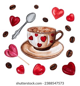 Cup of coffee with spoon, heart-shaped candies and coffee beans. Love concept. Valentine, wedding, morning tea, coffee. Vintage style. Watercolor illustration. - Powered by Shutterstock