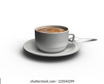 Cup Of Coffee With Spoon, Side View, Isolated On White Background.