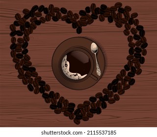 A cup of coffee surrounded by a heart of coffee beans. Arabica coffee beans in the shape of a heart and a coffee cup on a wooden background. Antique engraving, stylized drawing. 