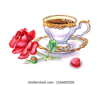 Cup of coffee, tea, red rose and candy in the shape of heart, watercolor drawing on white background, isolated. Postcard to the day of lovers, birthday, etc.