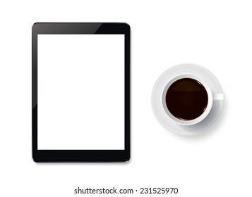 Cup of coffee and touch screen tablet with white area for copy space.