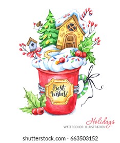 A cup of cream and a gingerbread house inside. Watercolor illustration. Fairytaile New Year's landscape. Chrismas story. Hot drink, dessert. Can be use in winter holidays design, invitations, cards.