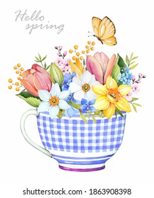 Cup with flowers. Tulip, daffodil, violet. Spring flower bouquet. Watercolor illustration.