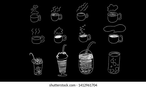 A Cup Of Hot Coffee And Various Cold Drinks And Smoke Floating In The Air In Various Shapes With White Cartoon  Line In Style,  On A Black Background