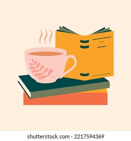 A cup hot tea coffee stack paper books  Cozy useful reading at home in the library  Self  education  