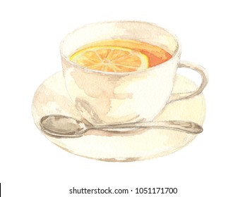 Cup Of Lemon Tea With Spoon.watercolor Painting On White Background