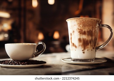 A Cup Of Mocha Latte And Coffee With Roasted Coffee Beans On The Table. 3D Rendering