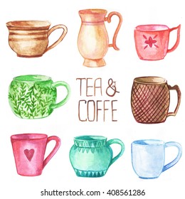 Cup And Mug Watercolor Set.  Hand Drawn Watercolor Illustration.