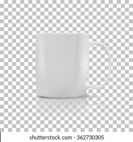Cup or mug white color. Object coffee or tea, ceramic utensil, beverage breakfast, refreshment caffeine, handle container, realistic glossy elegance cup. Cup icon. Transparent background