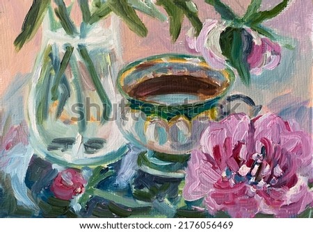 a cup of tea and a bouquet of peonies, oil painting