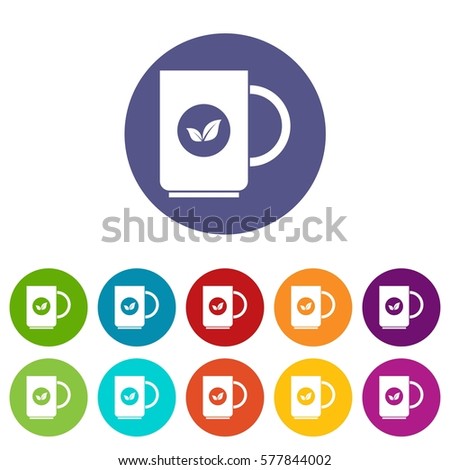 Cup of tea set icons in different colors isolated on white background