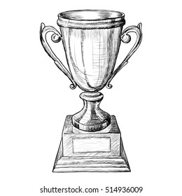 Cup Trophy On Wooden Pedestal Black And White Sketch. Raster Illustration