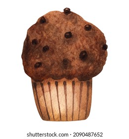 Cupcake With Chocolate Chips. Watercolor Illustration