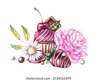 Cupcake isolated with flowers and leaves. Hand drawn watercolor cupcake. Dessert decorated with cherries and peony flower for design of postcards, logo, business cards. Cupcake with cream - Powered by Shutterstock