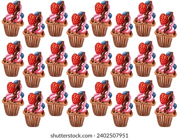 Cupcake pattern. White background. Cupcake characters with eyes. They have many toppings. Pink cream, chocolate frosting, lots of berries. Strawberry, blueberry. Watercolor painting. Chess order.