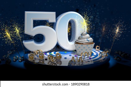 Cupcake with sparkling candle for 50th birthday or anniversary with big number in white with yellow streamers on blue table with dark background full of sparks. 3d illustration - Powered by Shutterstock