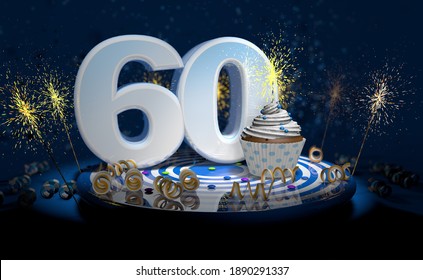 Cupcake with sparkling candle for 60th birthday or anniversary with big number in white with yellow streamers on blue table with dark background full of sparks. 3d illustration - Powered by Shutterstock