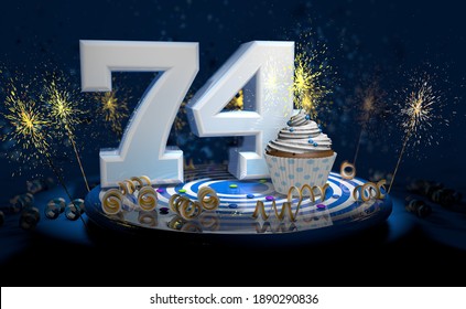 Cupcake With Sparkling Candle For 74th Birthday Or Anniversary With Big Number In White With Yellow Streamers On Blue Table With Dark Background Full Of Sparks. 3d Illustration