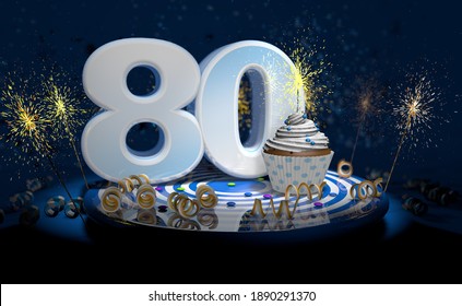 Cupcake with sparkling candle for 80th birthday or anniversary with big number in white with yellow streamers on blue table with dark background full of sparks. 3d illustration - Powered by Shutterstock