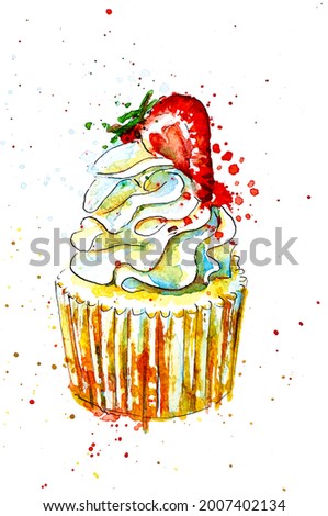 Cupcake with strawberry loose watercolour painting illustration