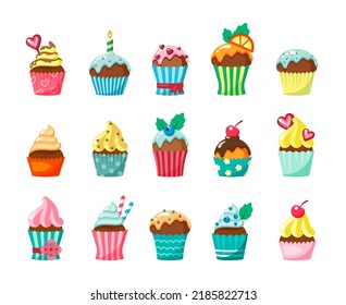 Cupcakes with frosting in cartons flat illustration set. Muffins with cream and fruit topping. Confectionery products. Sweet small cakes. Pastry goods. Desserts isolated on white background