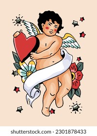 Cupid and heart   banner in his hands  Vector illustration 