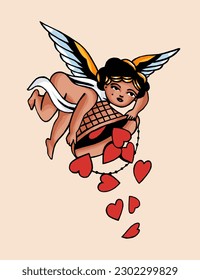 Cupid and hearts   wings  Valentine's day greeting card 